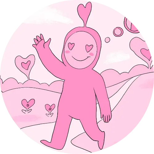 liebelle-charakter-rund Runde Illustration vom Bewohner Liebelle aus dem Kinderbuch "Im Weltraum der Gefühle – Tim und die Gefühlsplaneten", ein Bilderbuch für Kinder ab 3 Jahren von Angelina Wenzler und Zwergenstark