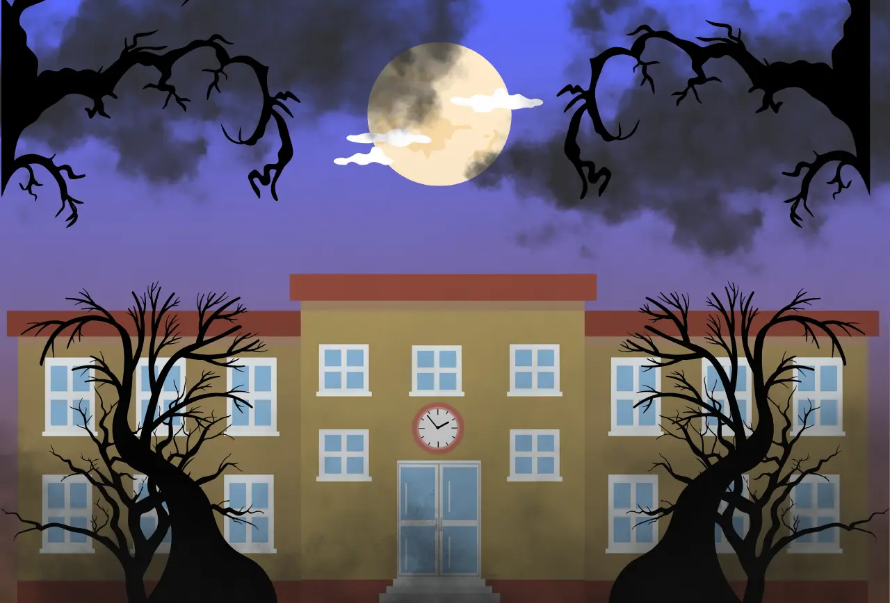 schule-baeume-mond-nacht-nebel_illustration Beitragsbild für die Geschichte "Die geheimnisvolle Schulnacht" aus dem Kinderbuch "Spuknacht in der Schule – Das Geheimnis von Frau Flüster", ein E-Book zum Vorlesen ab 6 Jahren. Halloween-Geschichte voller Grusel, Spannung und Abenteuer.