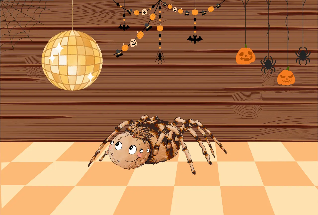 spinne-halloween-party-schrank Illustration von einer Spinne auf der Tanzfläche einer Halloween-Party in einem Schrank
