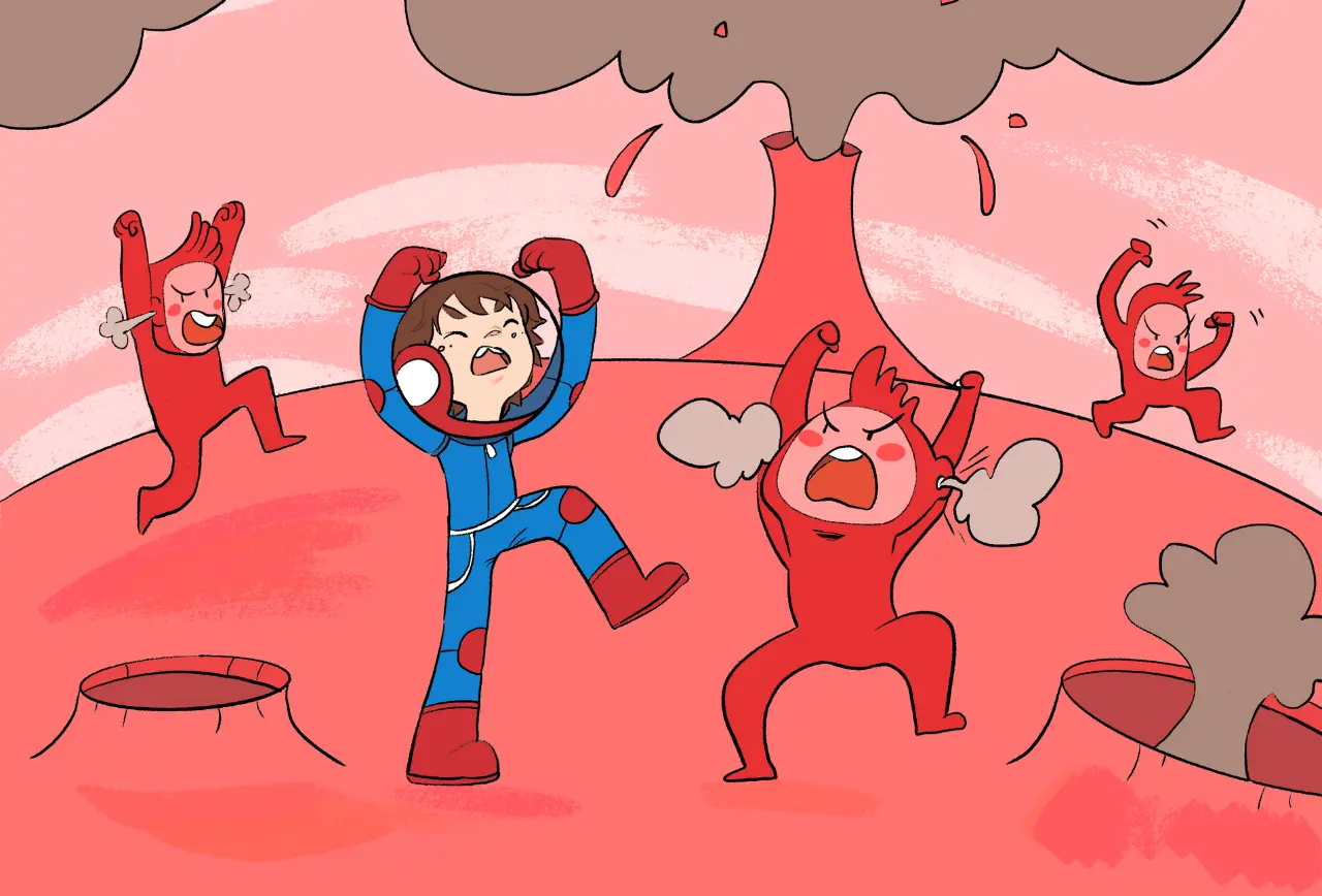 Beitragsbild zu der Bonusgeschichte "Funki und der brodelnde Vulkan" zum Kinderbuch "Im Weltraum der Gefühle – Tim und die Gefühlsplaneten", ein Bilderbuch für Kinder ab 3 Jahren von Angelina Wenzler und Zwergenstark