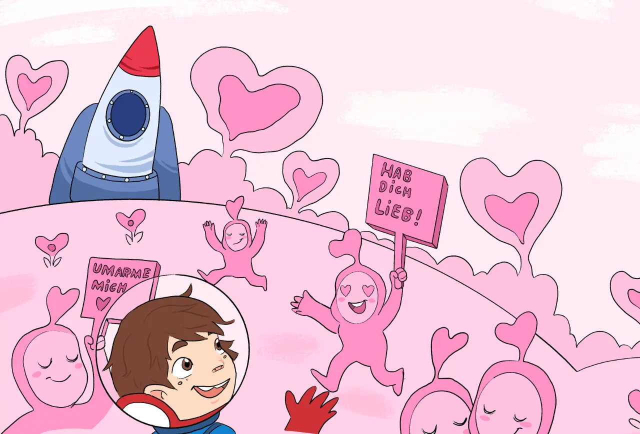 tim-astronaut-liebelle-bewohner-planet-liebe-herzblumen_illustration Beitragsbild zu der Bonusgeschichte "Liebelle pflanzt Herzblumen" zum Kinderbuch "Im Weltraum der Gefühle – Tim und die Gefühlsplaneten", ein Bilderbuch für Kinder ab 3 Jahren von Angelina Wenzler und Zwergenstark