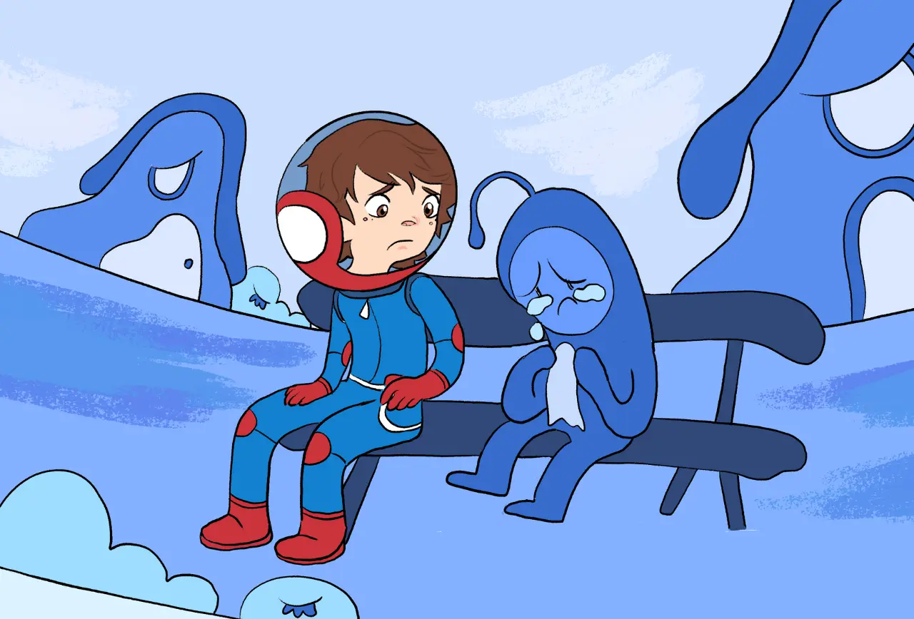 Beitragsbild zu der Bonusgeschichte "Tropfi vermisst seinen Freund" zum Kinderbuch "Im Weltraum der Gefühle – Tim und die Gefühlsplaneten", ein Bilderbuch für Kinder ab 3 Jahren von Angelina Wenzler und Zwergenstark