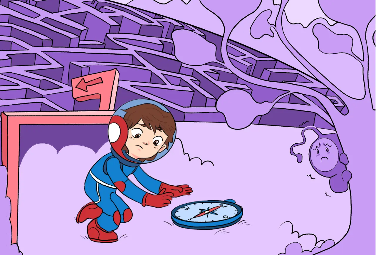 tim-astronaut-zittrli-bewohner-planet-angst-kompass-labyrinth_illustration Beitragsbild zu der Bonusgeschichte "Zitterli sucht seinen Weg" zum Kinderbuch "Im Weltraum der Gefühle – Tim und die Gefühlsplaneten", ein Bilderbuch für Kinder ab 3 Jahren von Angelina Wenzler und Zwergenstark