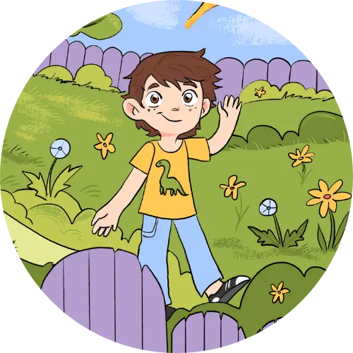 tim-charakter-rund Runde Illustration von Tim im Garten aus dem Kinderbuch "Im Weltraum der Gefühle – Tim und die Gefühlsplaneten", ein Bilderbuch für Kinder ab 3 Jahren von Angelina Wenzler und Zwergenstark