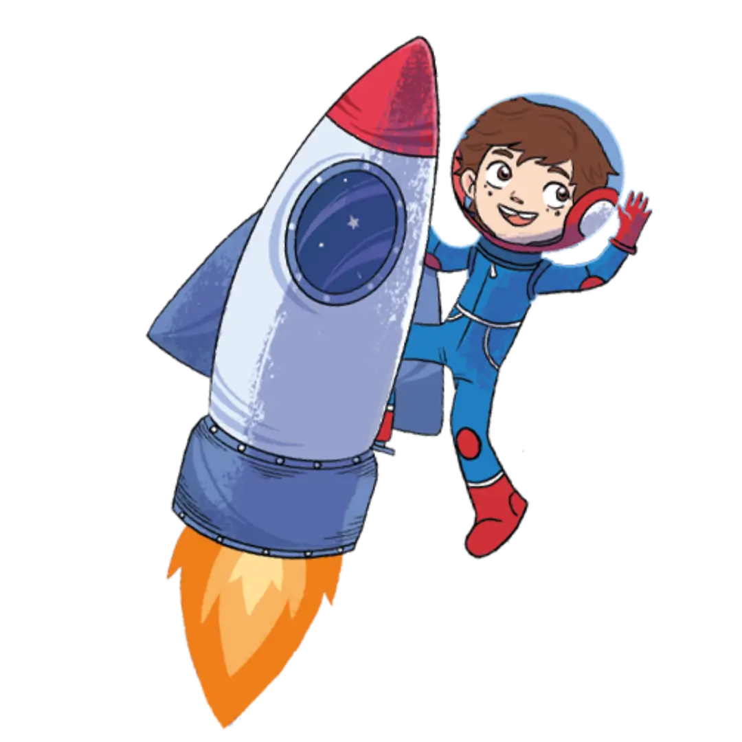 tim-junge-rakete-illustration Illustration von Tim als Astronaut mit einer Rakete aus dem Kinderbuch "Im Weltraum der Gefühle – Tim und die Gefühlsplaneten", ein Bilderbuch für Kinder ab 3 Jahren von Angelina Wenzler und Zwergenstark