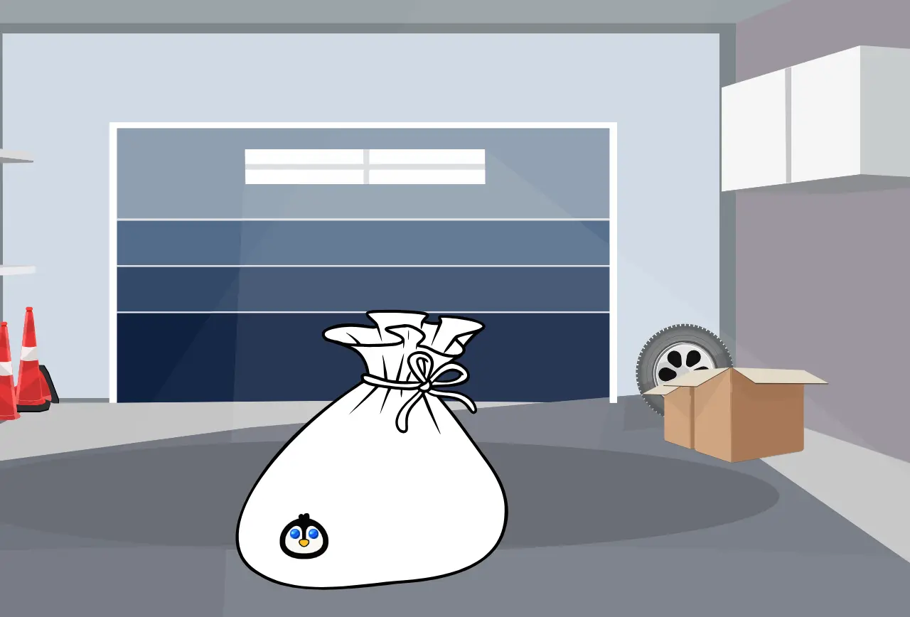 garage-sack-pinguin-illustration Beitragsbild zum dritten Kapitel "Das Eisige Eispulver" vom Kinderbuch "Agent Tatze – Alarm in der Eisstadt", ein E-Book zum Vorlesen ab 5 Jahren über Hunde-Agenten, die einen spannenden Detektivfall in einer Winterwelt lösen