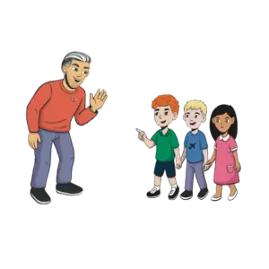 Illustration von Captain Tom und den 3 Hauptcharakteren aus dem Kinderbuch "Fliegen ist kinderleicht", ein Bilderbuch ab 5 Jahren gegen Flugangst bei Kindern von Tom Schneider und Zwergenstark