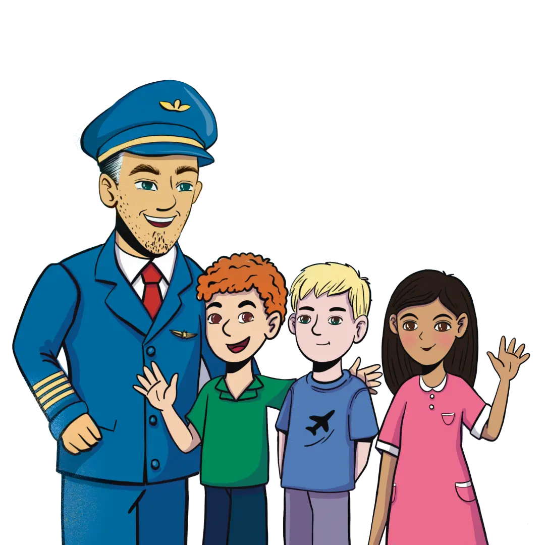 pilot-kinder-illustration Illustration von Captain Tom in seiner Pilotenuniform und den 3 Hauptcharakteren aus dem Kinderbuch "Fliegen ist kinderleicht", ein Bilderbuch ab 5 Jahren gegen Flugangst bei Kindern von Tom Schneider und Zwergenstark