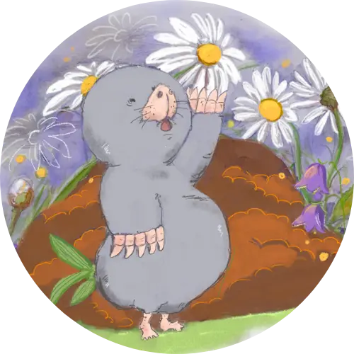 mannolo-charakter-rund Runde Illustration von Mannolo dem Maulwurf, ein Hauptcharakter aus dem Kinderbuch "Regentropfenfreude für Mannolo", ein Vorlesebuch für Kinder ab 4 Jahren von Christel Gaiser