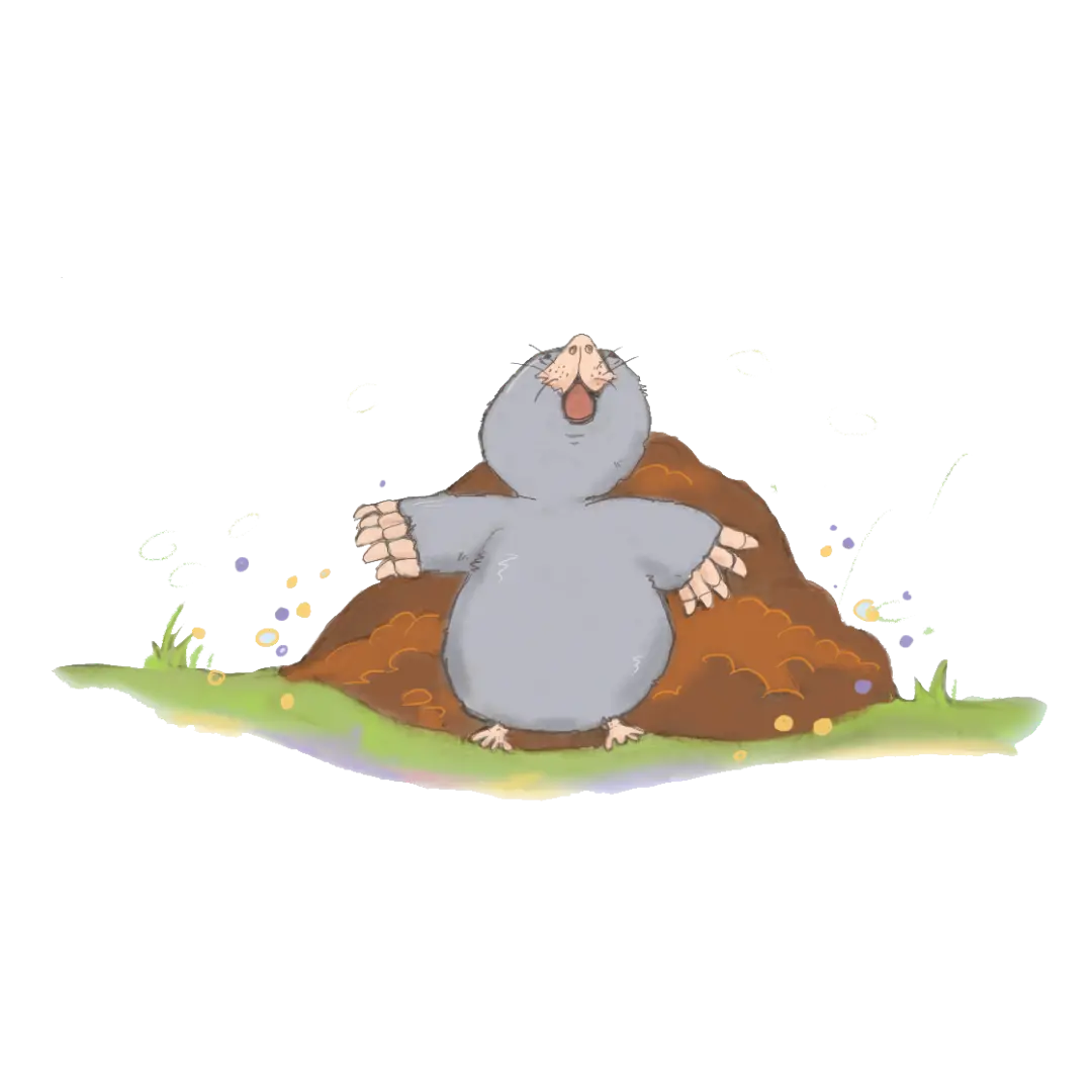 mannolo-maulwurf-maulwurfshuegel-wiese_illustration Illustration von Mannolo dem Maulwurf in einem Hügel aus dem Kinderbuch "Regentropfenfreude für Mannolo", ein Vorlesebuch für Kinder ab 4 Jahren von Christel Gaiser