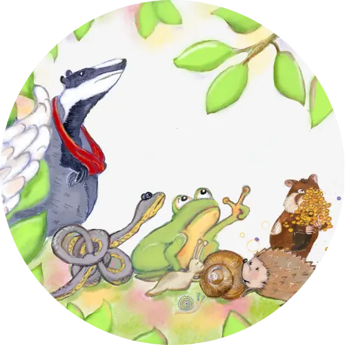 waldtiere-charakter-rund Runde Illustration von Bags der Wespe, ein Hauptcharakter aus dem Kinderbuch "Regentropfenfreude für Mannolo", ein Vorlesebuch für Kinder ab 4 Jahren von Christel Gaiser