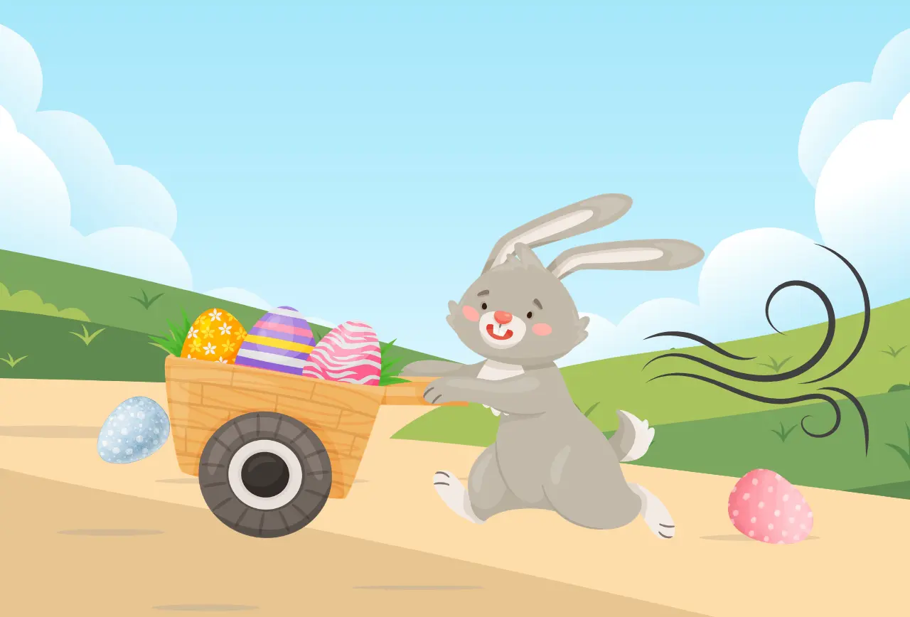 Illustration von einem Osterhasen in der Natur mit einem Wagen, in dem sich bunte Ostereier befinden